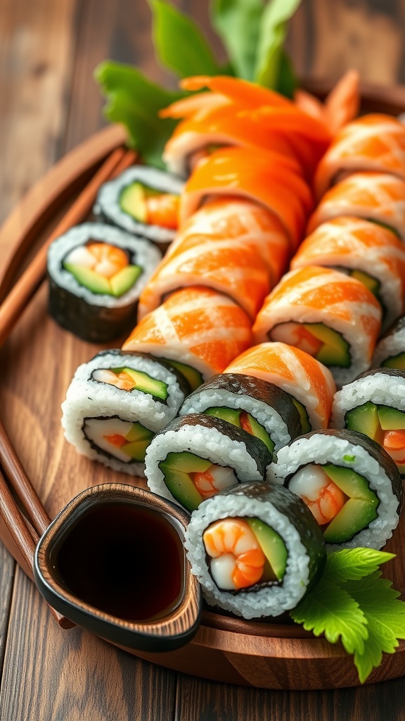 A colorful sushi roll filled with cucumber, avocado, and shrimp, served with soy sauce.